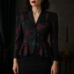 Vintage‎ 80s Milanzo Floral Jacquard Peplum Blazer Black Red Green USA Size 7